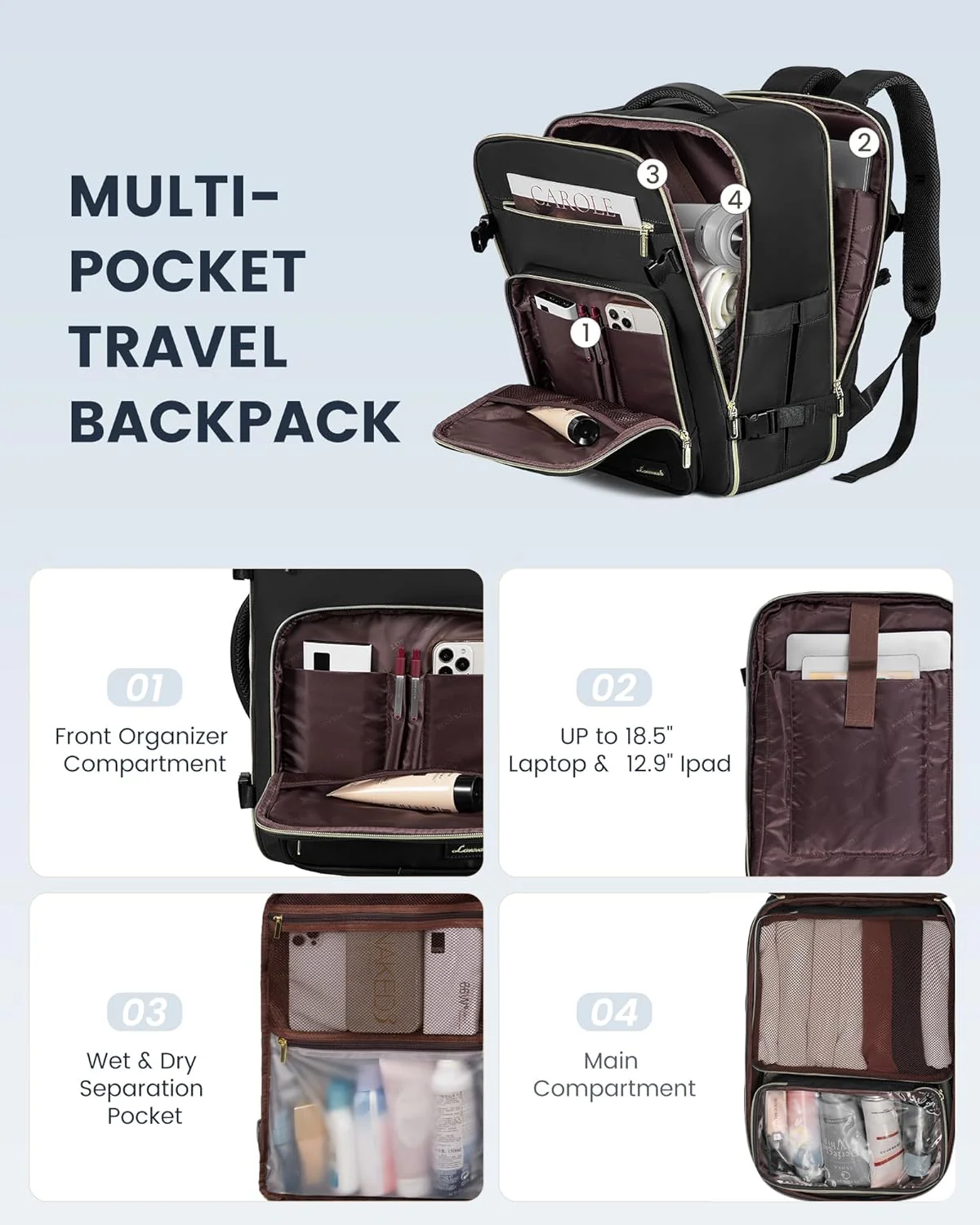 4Pcs Plain Color Travel Backpack, 40L/50L - Image 6
